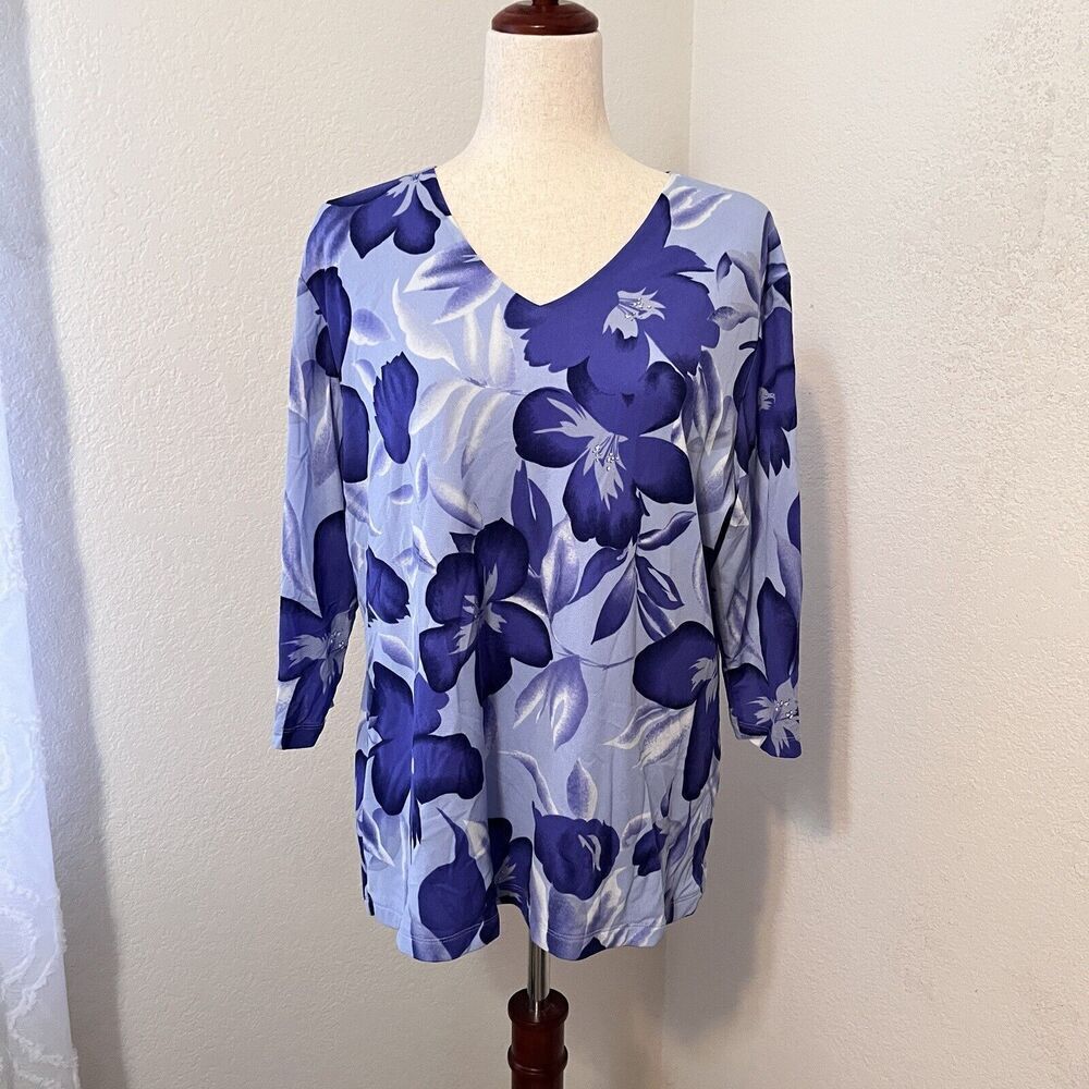 Style & Co Womens Blouse Size 1x Floral Vibrant Blue Nylon V-neck Long Sleeve